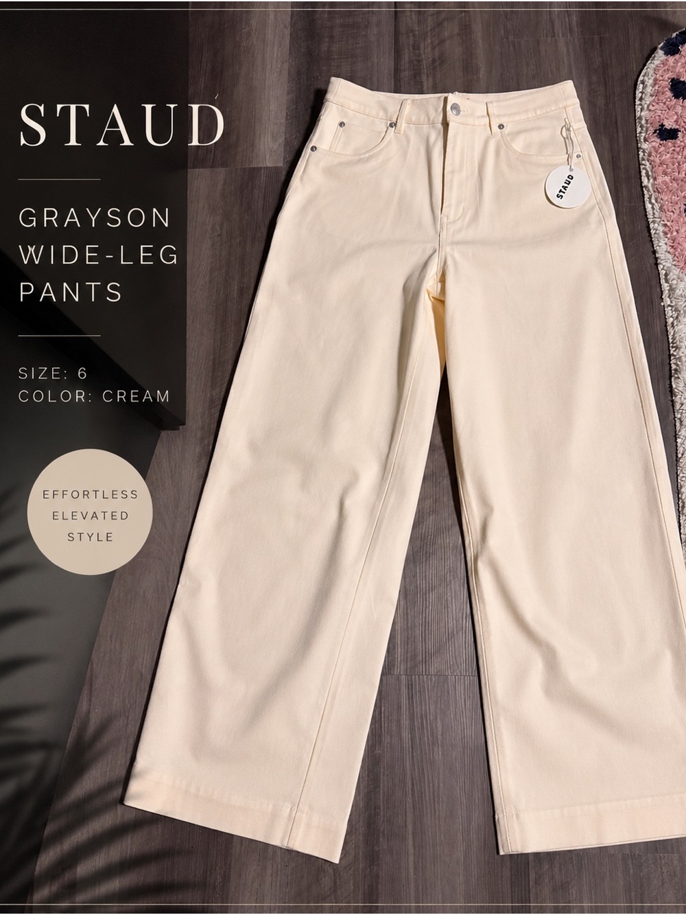STAUD Cream Wide-Leg Trousers with Branded Tag